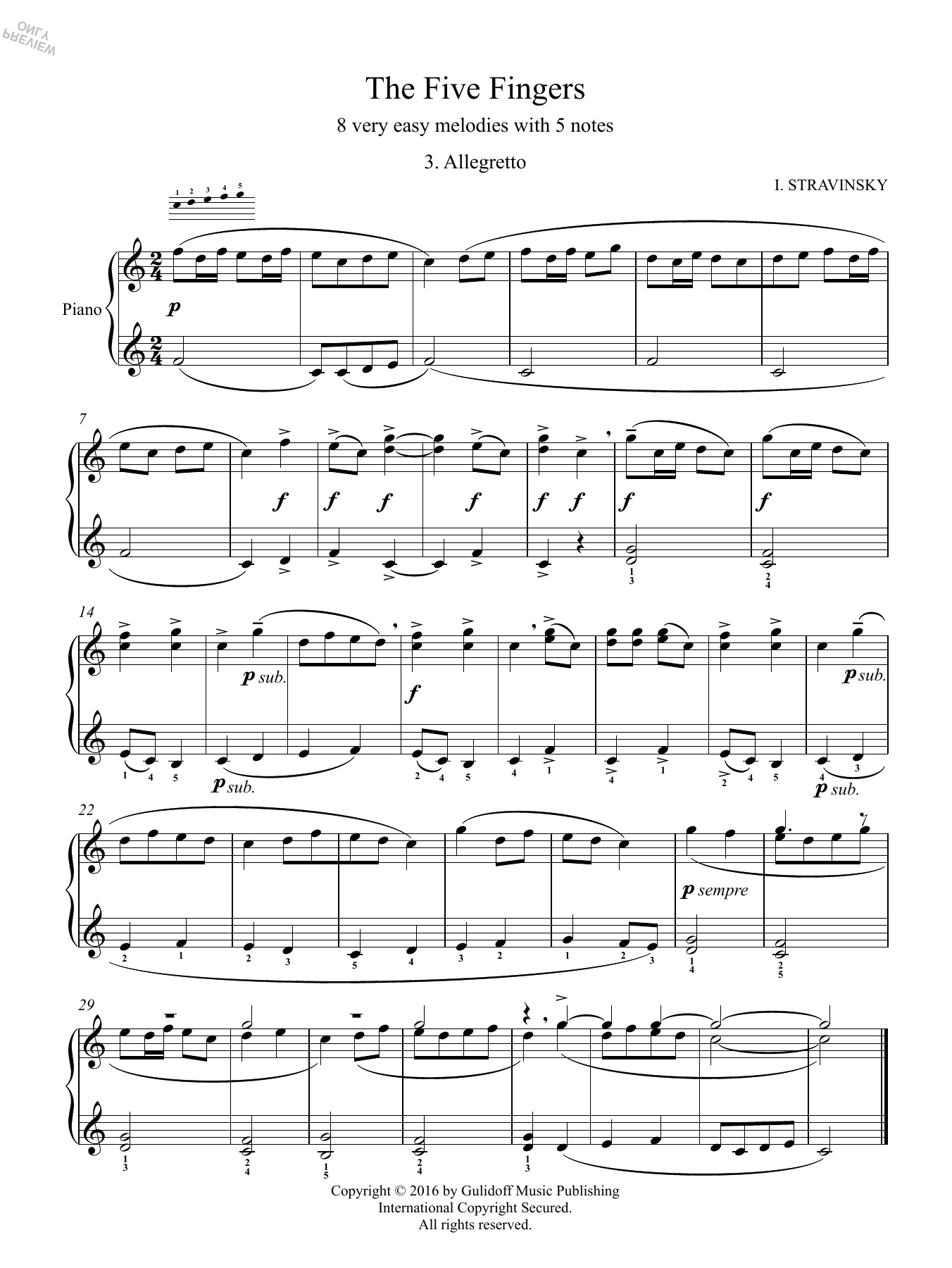 Download Igor Stravinsky Five Fingers: 3. Allegretto Sheet Music and learn how to play Piano Solo PDF digital score in minutes