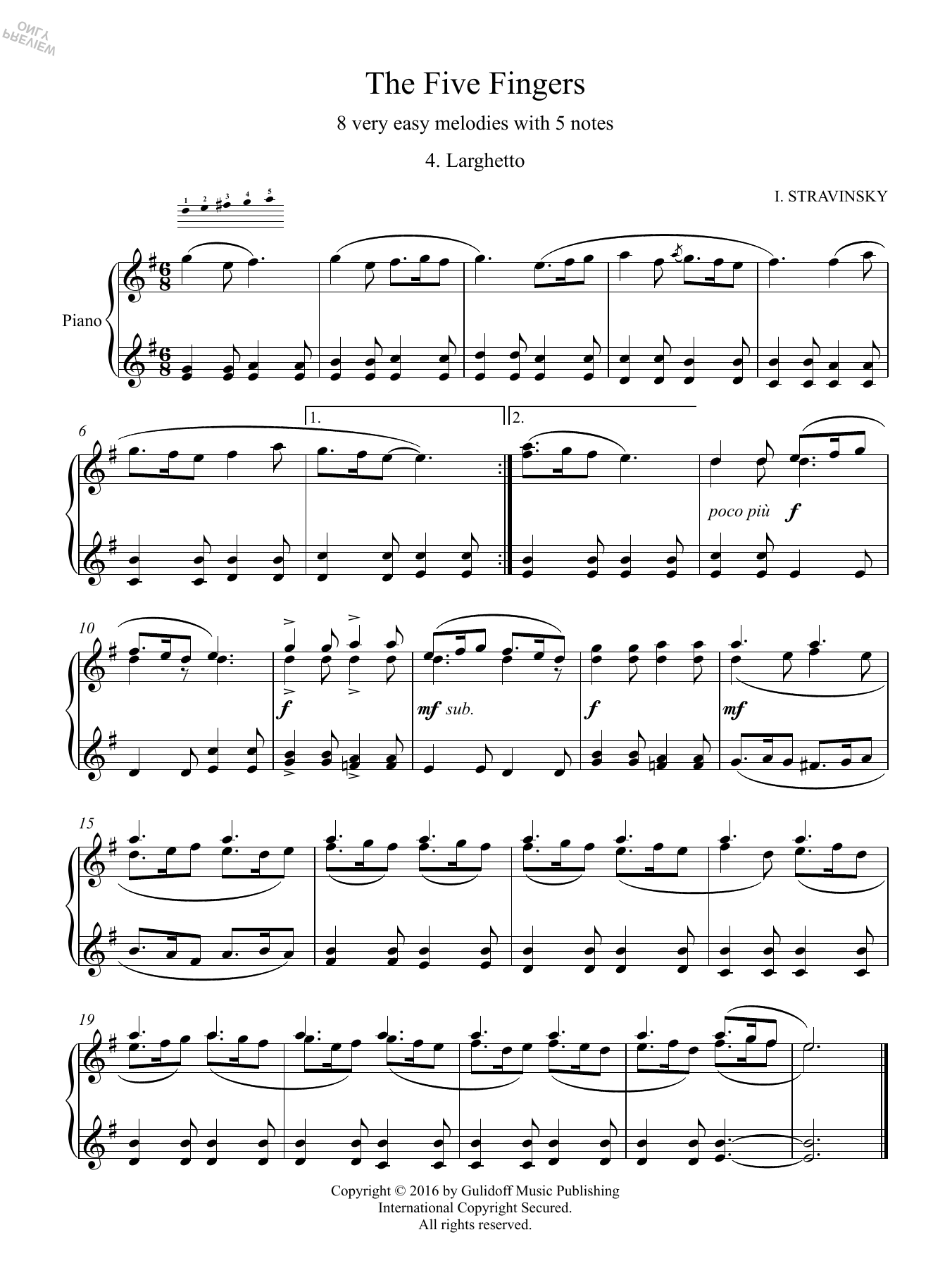 Download Igor Stravinsky Five Fingers: 4. Larghetto Sheet Music and learn how to play Piano Solo PDF digital score in minutes