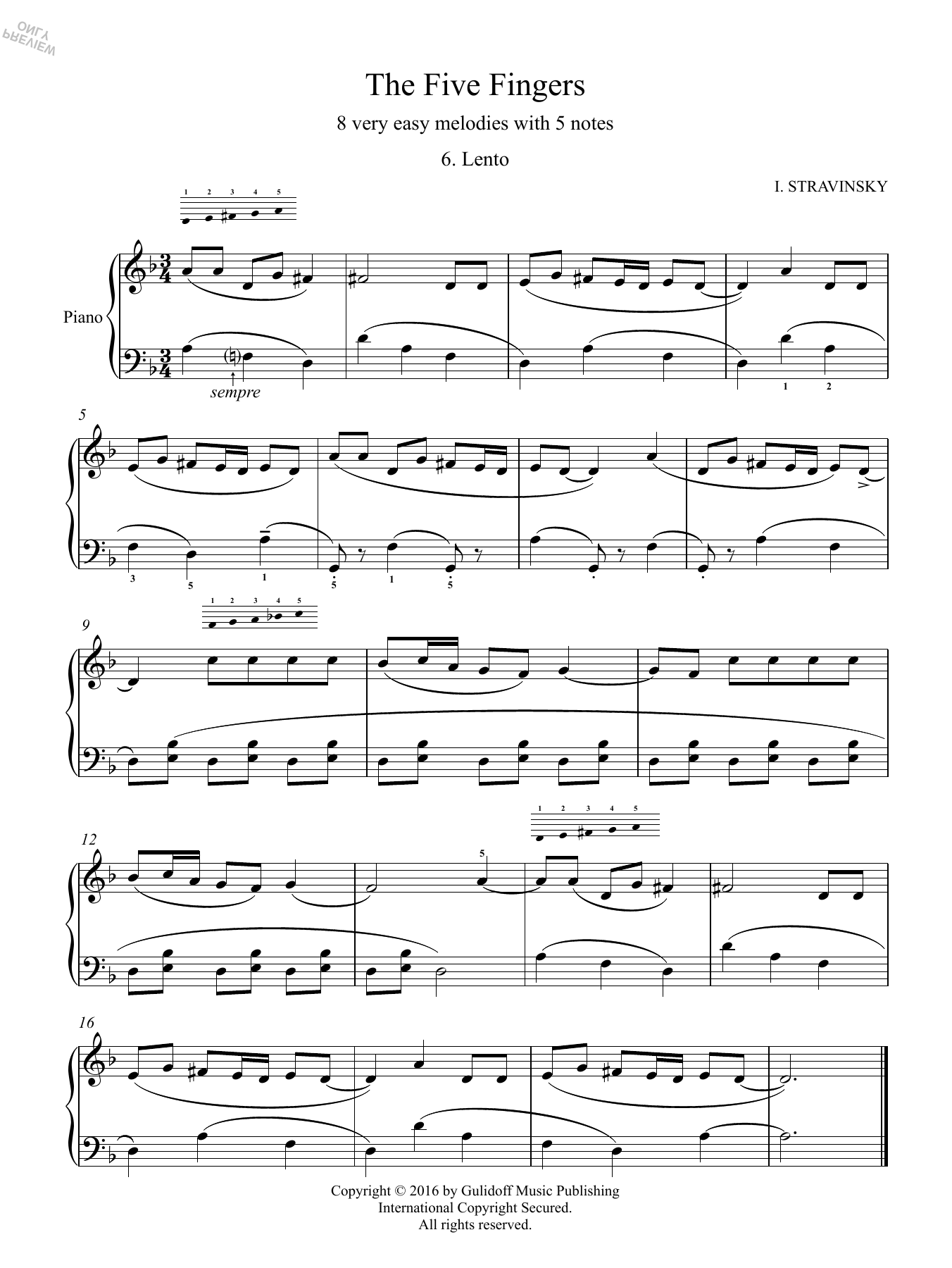 Download Igor Stravinsky Five Fingers: 6. Lento Sheet Music and learn how to play Piano Solo PDF digital score in minutes