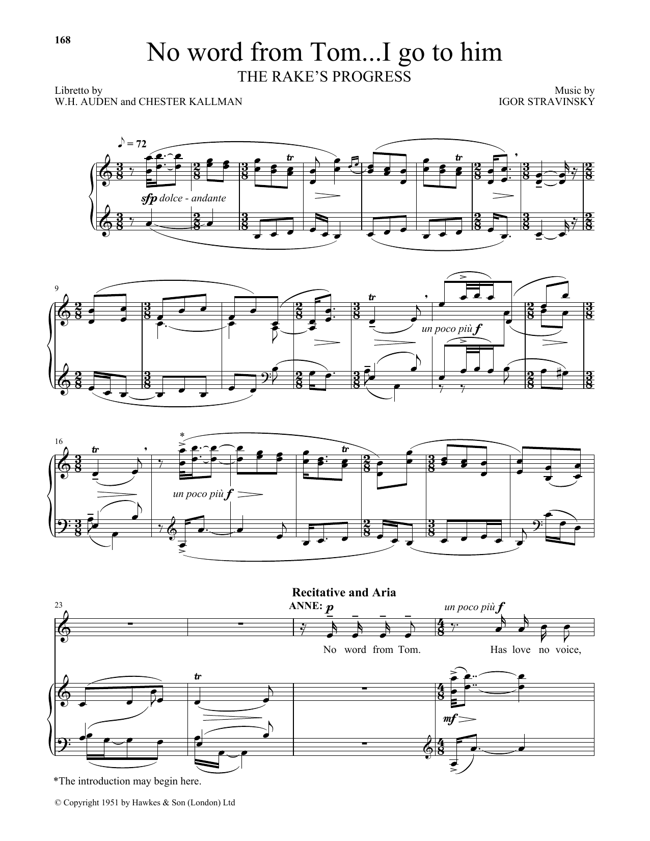 Download Igor Stravinsky No word from Tom...I go to him (from The Rake's Progress) Sheet Music and learn how to play Piano & Vocal PDF digital score in minutes