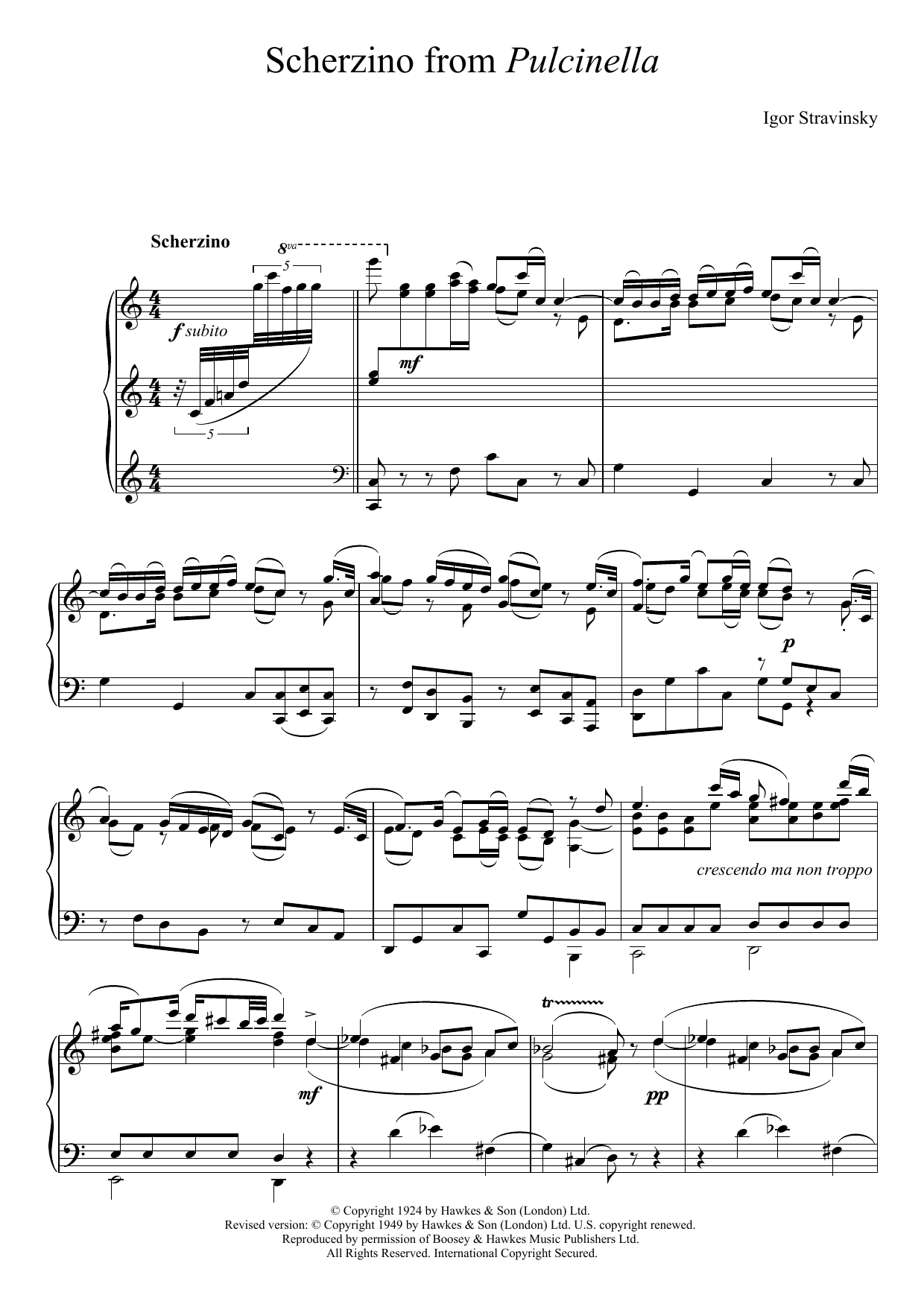 Download Igor Stravinsky Scherzino from Pulcinella Sheet Music and learn how to play Piano PDF digital score in minutes