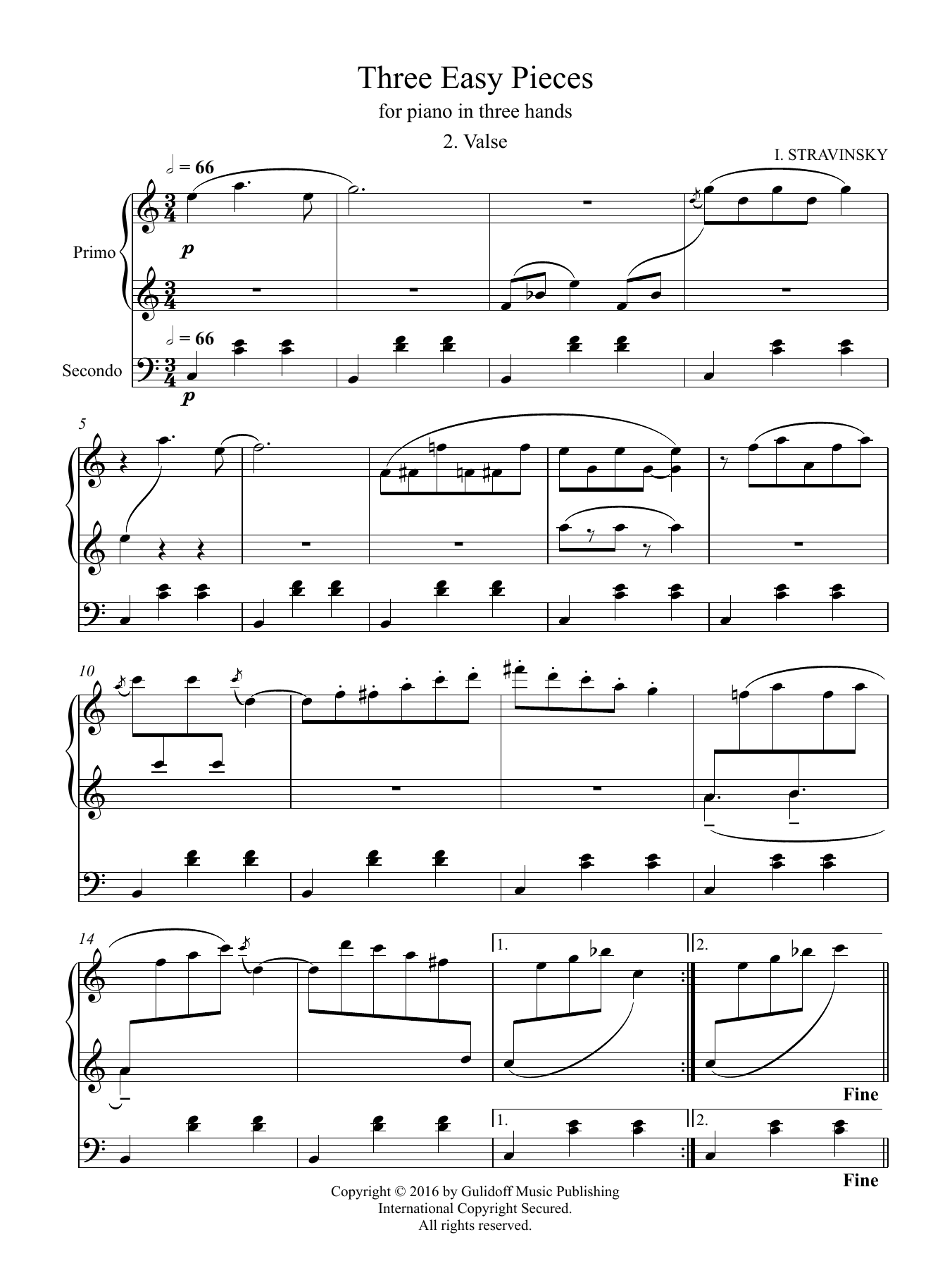 Download Igor Stravinsky Three Easy Pieces for piano in three hands 2. Valse Sheet Music and learn how to play Piano Duet PDF digital score in minutes