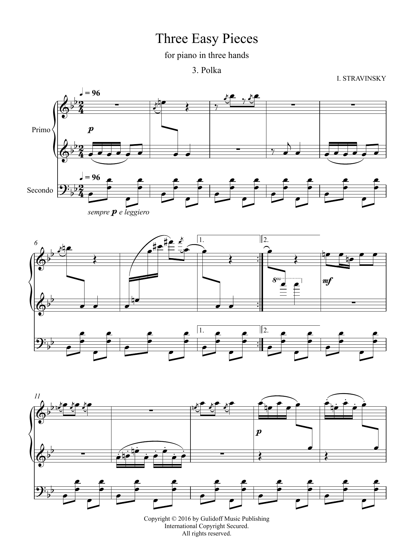 Download Igor Stravinsky Three Easy Pieces for piano in three hands 3. Polka Sheet Music and learn how to play Piano Duet PDF digital score in minutes