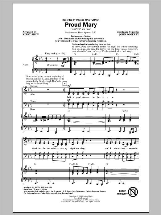 Download Kirby Shaw Proud Mary Sheet Music and learn how to play SAB PDF digital score in minutes