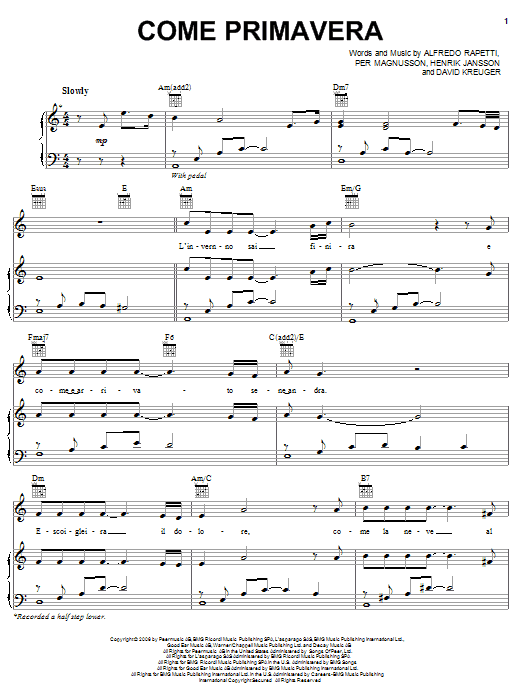 Download Il Divo Come Primavera Sheet Music and learn how to play Piano, Vocal & Guitar (Right-Hand Melody) PDF digital score in minutes