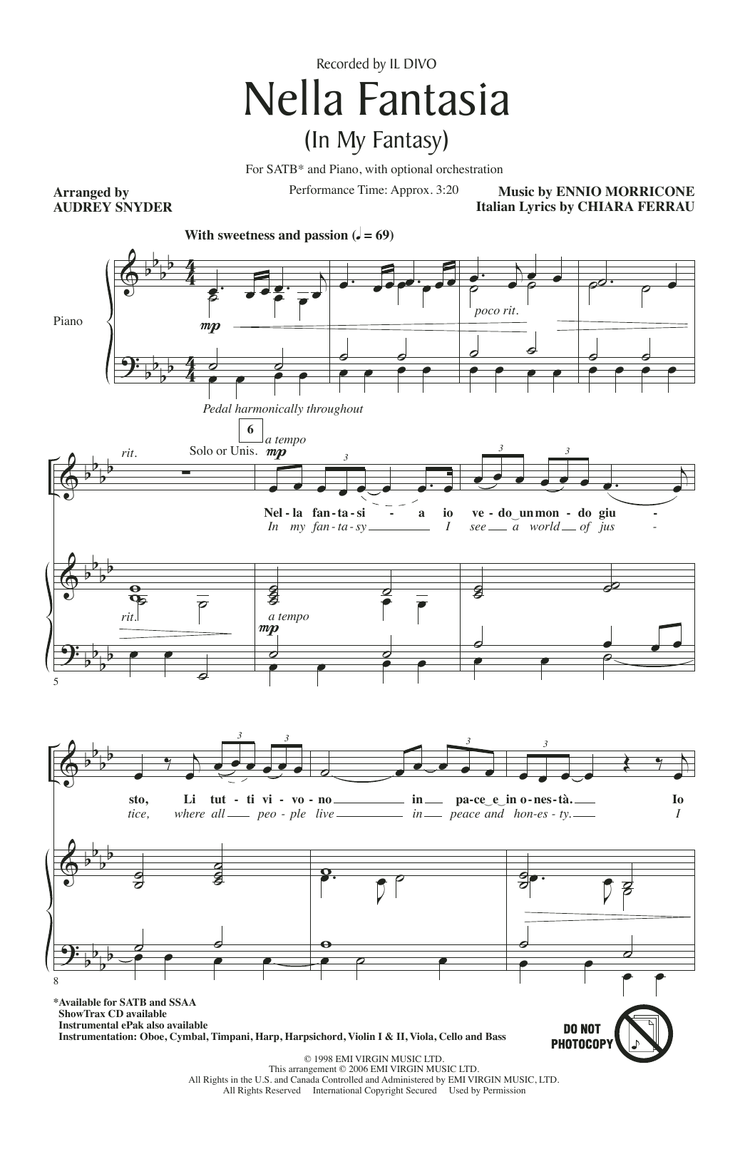 Download Il Divo Nella Fantasia (In My Fantasy) (arr. Audrey Snyder) Sheet Music and learn how to play 2-Part Choir PDF digital score in minutes