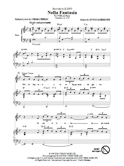 Download Il Divo Nella Fantasia (In My Fantasy) Sheet Music and learn how to play TTBB PDF digital score in minutes