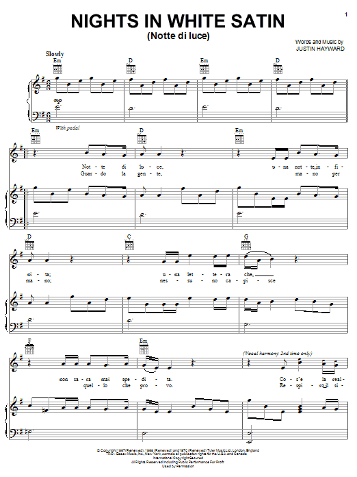 Download Il Divo Nights In White Satin (Notte Di Luce) Sheet Music and learn how to play Piano, Vocal & Guitar (Right-Hand Melody) PDF digital score in minutes