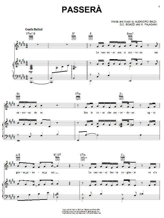 Download Il Divo Passera Sheet Music and learn how to play Piano, Vocal & Guitar (Right-Hand Melody) PDF digital score in minutes
