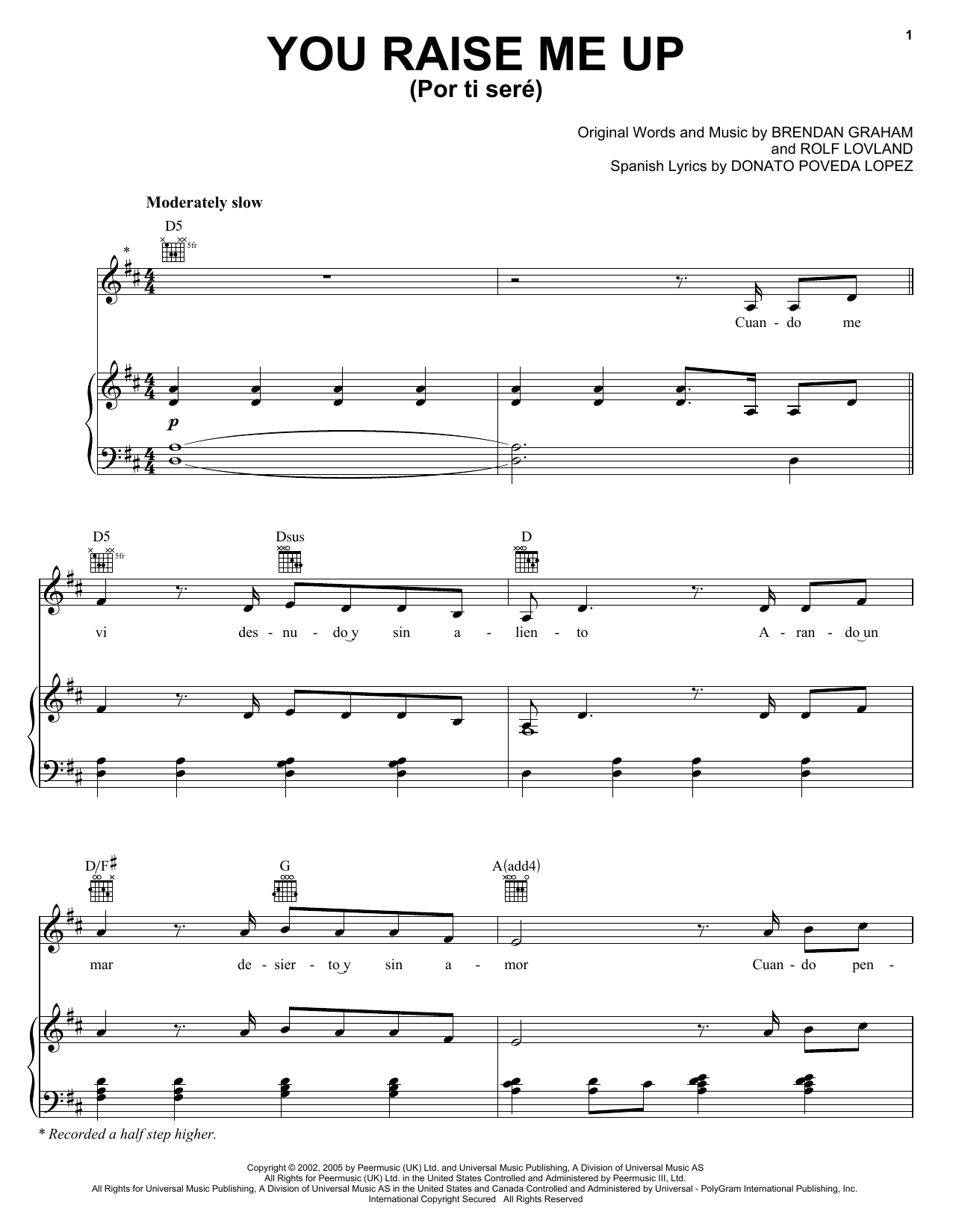 Download Il Divo Por Ti Seré (You Raise Me Up) Sheet Music and learn how to play Piano, Vocal & Guitar (Right-Hand Melody) PDF digital score in minutes