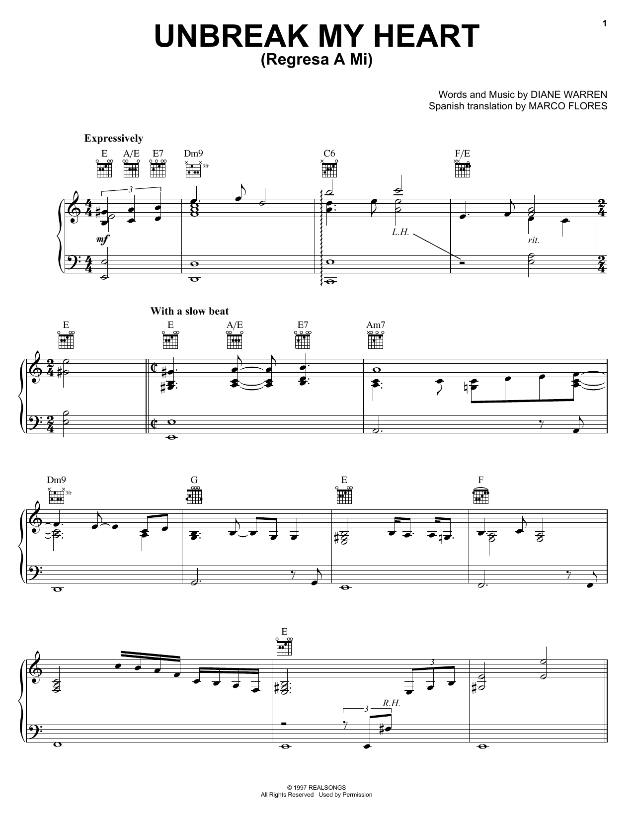 Download Diane Warren Un-break My Heart Sheet Music and learn how to play Piano, Vocal & Guitar (Right-Hand Melody) PDF digital score in minutes