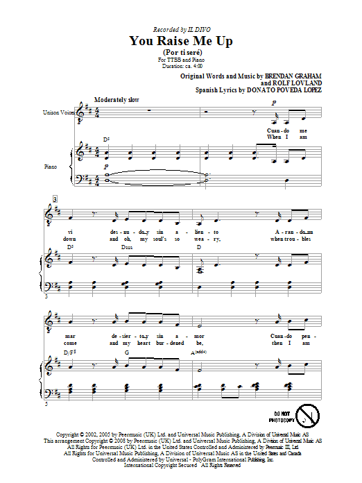 Download Il Divo You Raise Me Up Sheet Music and learn how to play TTBB Choir PDF digital score in minutes