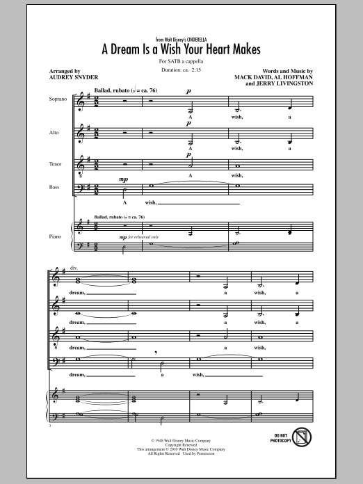 Download Ilene Woods A Dream Is A Wish Your Heart Makes Sheet Music and learn how to play SATB Choir PDF digital score in minutes