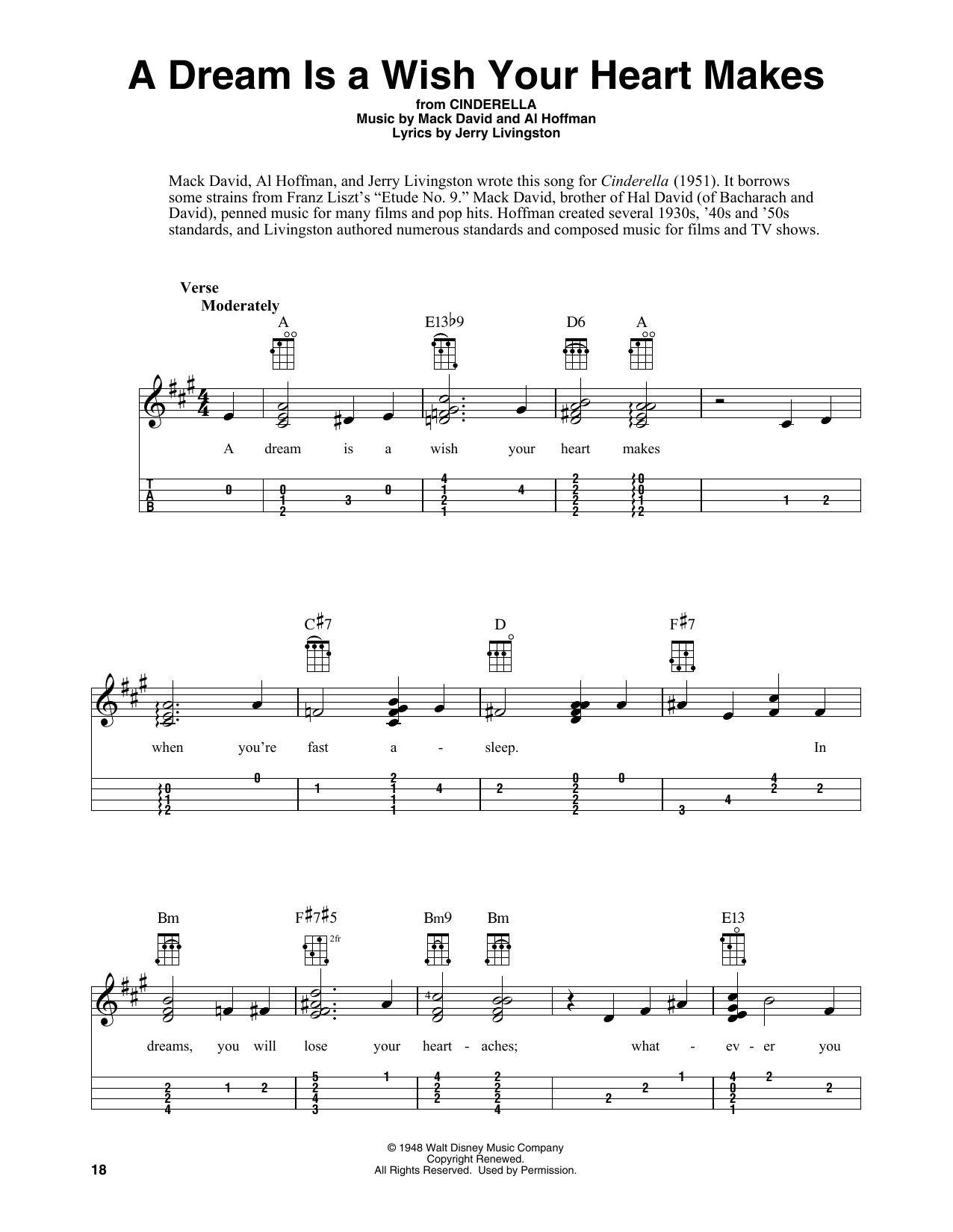 Download Ilene Woods A Dream Is A Wish Your Heart Makes (from Disney's Cinderella) (arr. Fred Sokolow Sheet Music and learn how to play Easy Ukulele Tab PDF digital score in minutes
