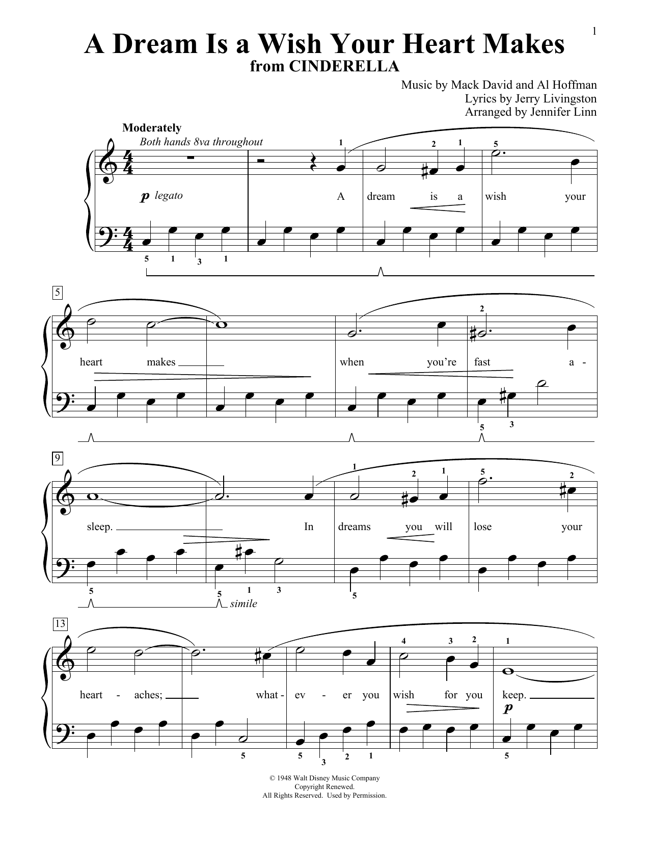 Download Linda Ronstadt A Dream Is A Wish Your Heart Makes (from Disney's Cinderella) (arr. Jennifer Lin Sheet Music and learn how to play Educational Piano PDF digital score in minutes