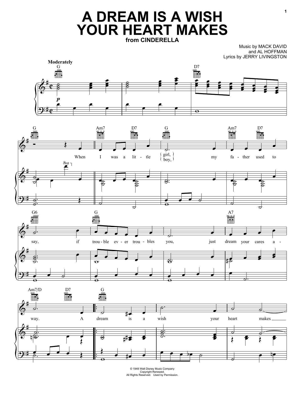 Download Jerry Livingston A Dream Is A Wish Your Heart Makes Sheet Music and learn how to play Voice PDF digital score in minutes