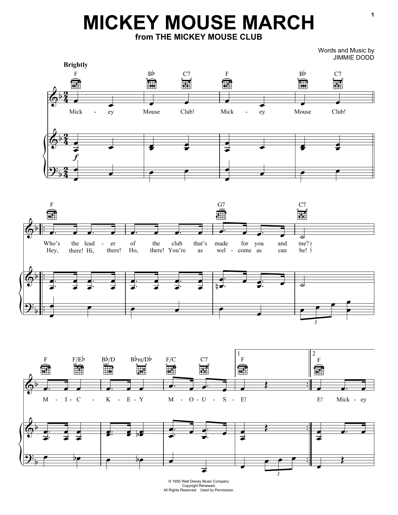 Download Ilene Woods Mickey Mouse March Sheet Music and learn how to play Piano, Vocal & Guitar (Right-Hand Melody) PDF digital score in minutes