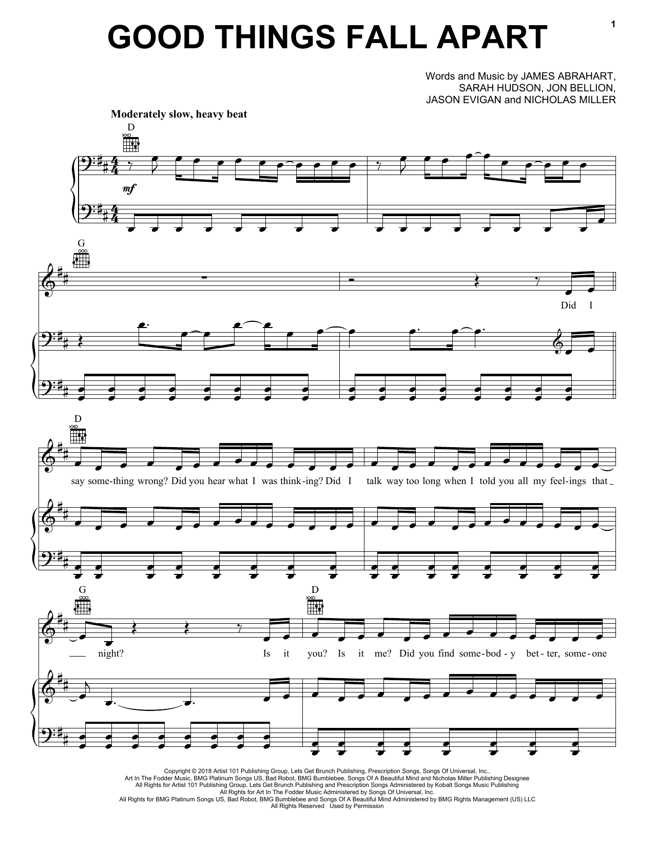 Download ILLENIUM & Jon Bellion Good Things Fall Apart Sheet Music and learn how to play Piano, Vocal & Guitar Chords (Right-Hand Melody) PDF digital score in minutes