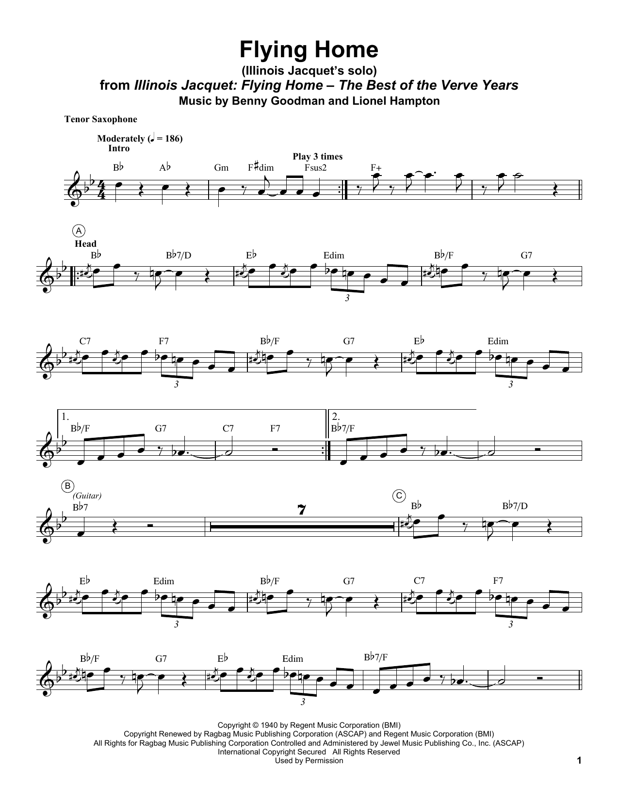 Download Illinois Jacquet Flying Home Sheet Music and learn how to play Tenor Sax Transcription PDF digital score in minutes