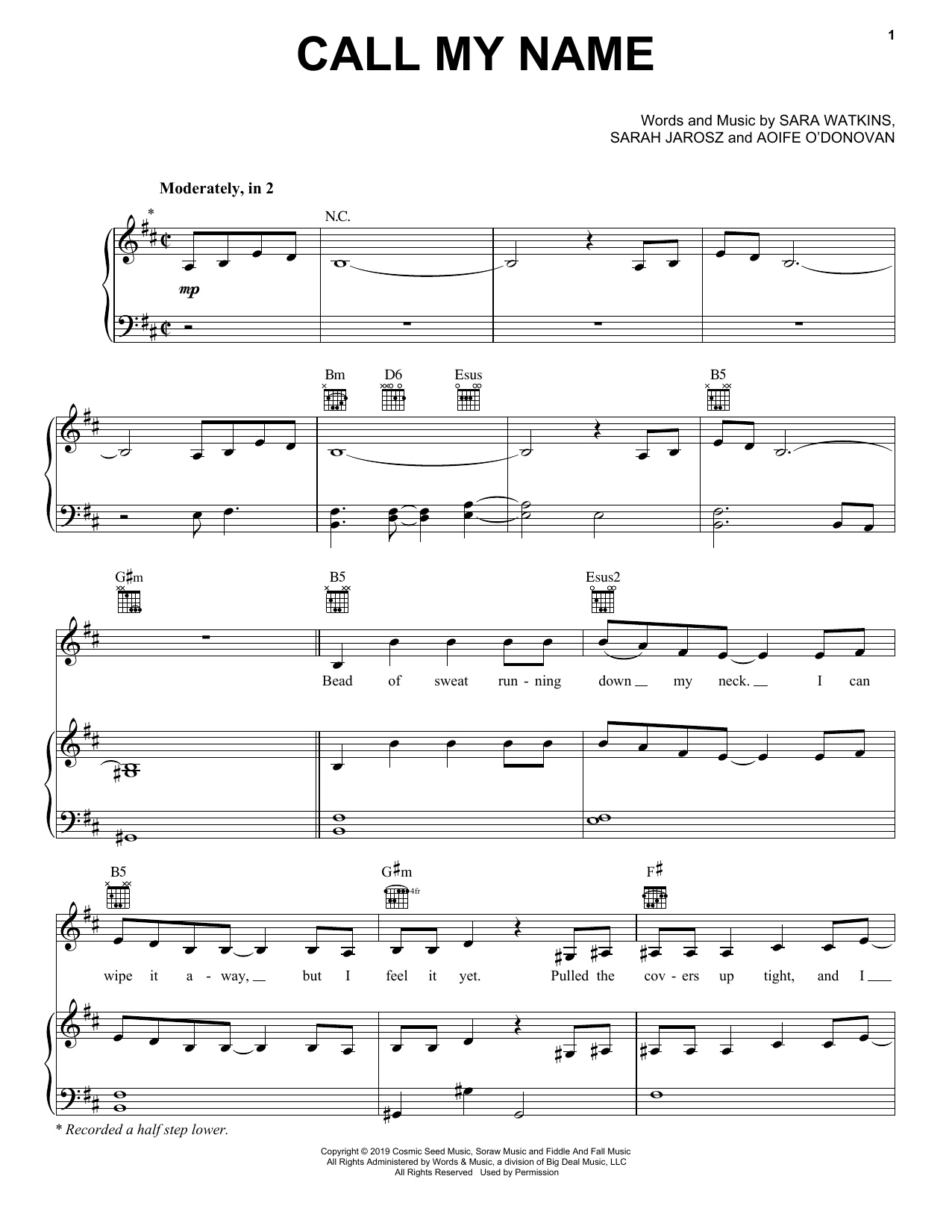 Download I'm With Her Call My Name Sheet Music and learn how to play Piano, Vocal & Guitar Chords (Right-Hand Melody) PDF digital score in minutes