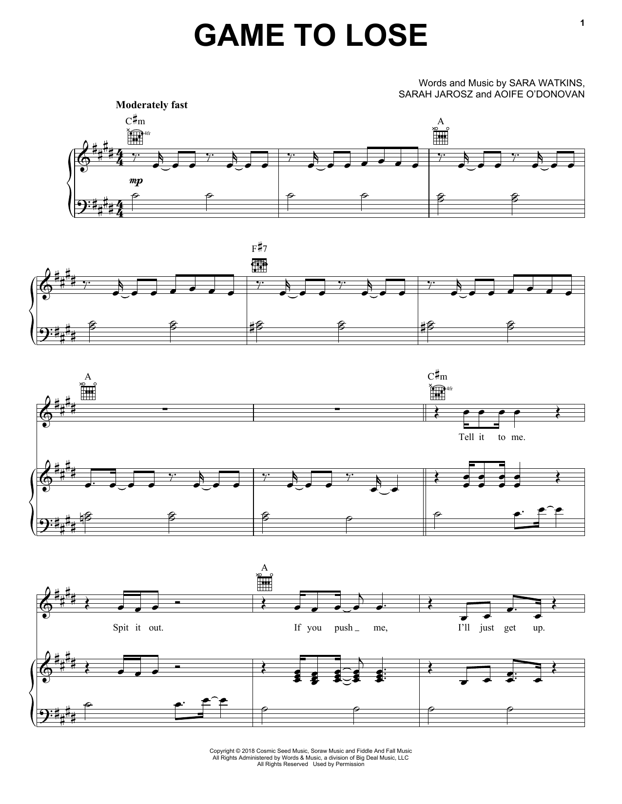 Download I'm With Her Game To Lose Sheet Music and learn how to play Piano, Vocal & Guitar Chords (Right-Hand Melody) PDF digital score in minutes
