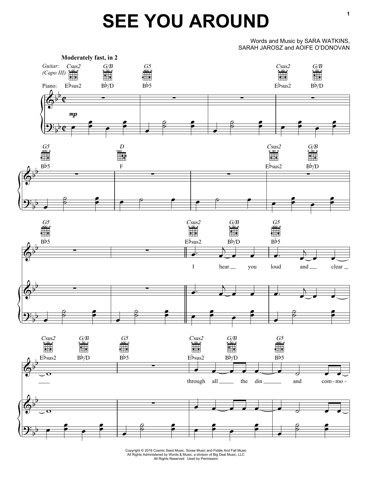 Download I'm With Her See You Around Sheet Music and learn how to play Piano, Vocal & Guitar Chords (Right-Hand Melody) PDF digital score in minutes