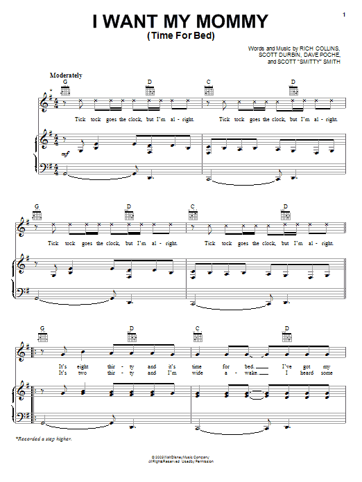 Download Imagination Movers I Want My Mommy (Time For Bed) Sheet Music and learn how to play Piano, Vocal & Guitar (Right-Hand Melody) PDF digital score in minutes