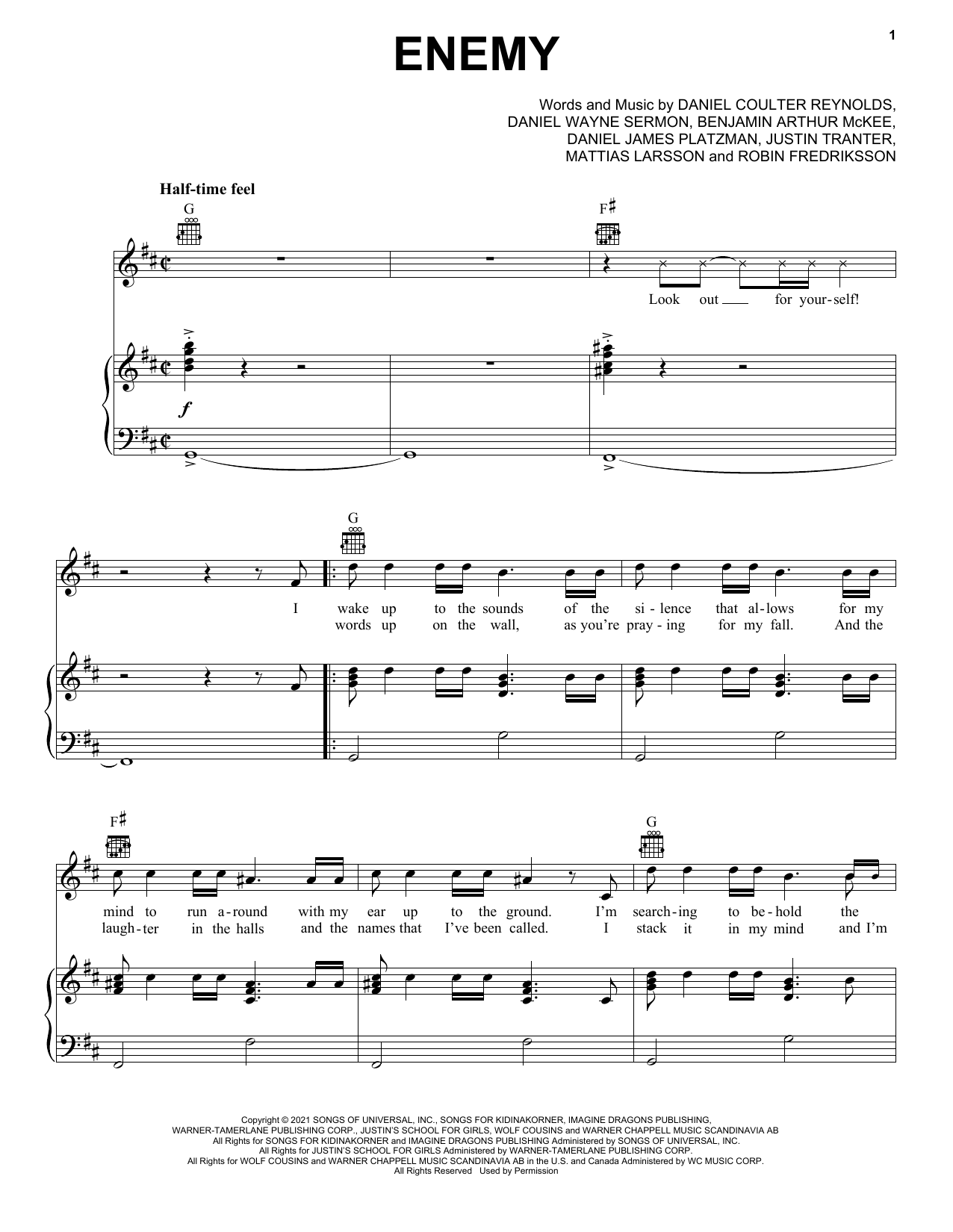 Download Imagine Dragons & JID Enemy (from the series Arcane League of Legends) Sheet Music and learn how to play Piano, Vocal & Guitar Chords (Right-Hand Melody) PDF digital score in minutes