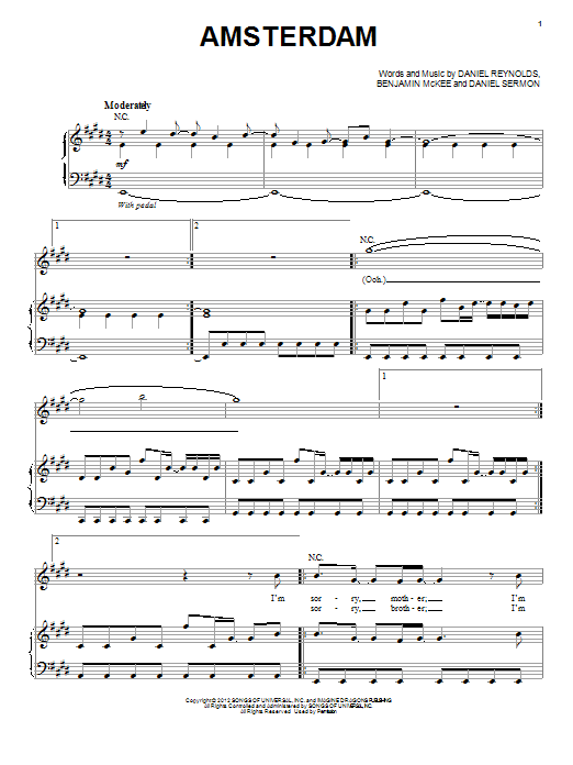 Download Imagine Dragons Amsterdam Sheet Music and learn how to play Piano, Vocal & Guitar (Right-Hand Melody) PDF digital score in minutes