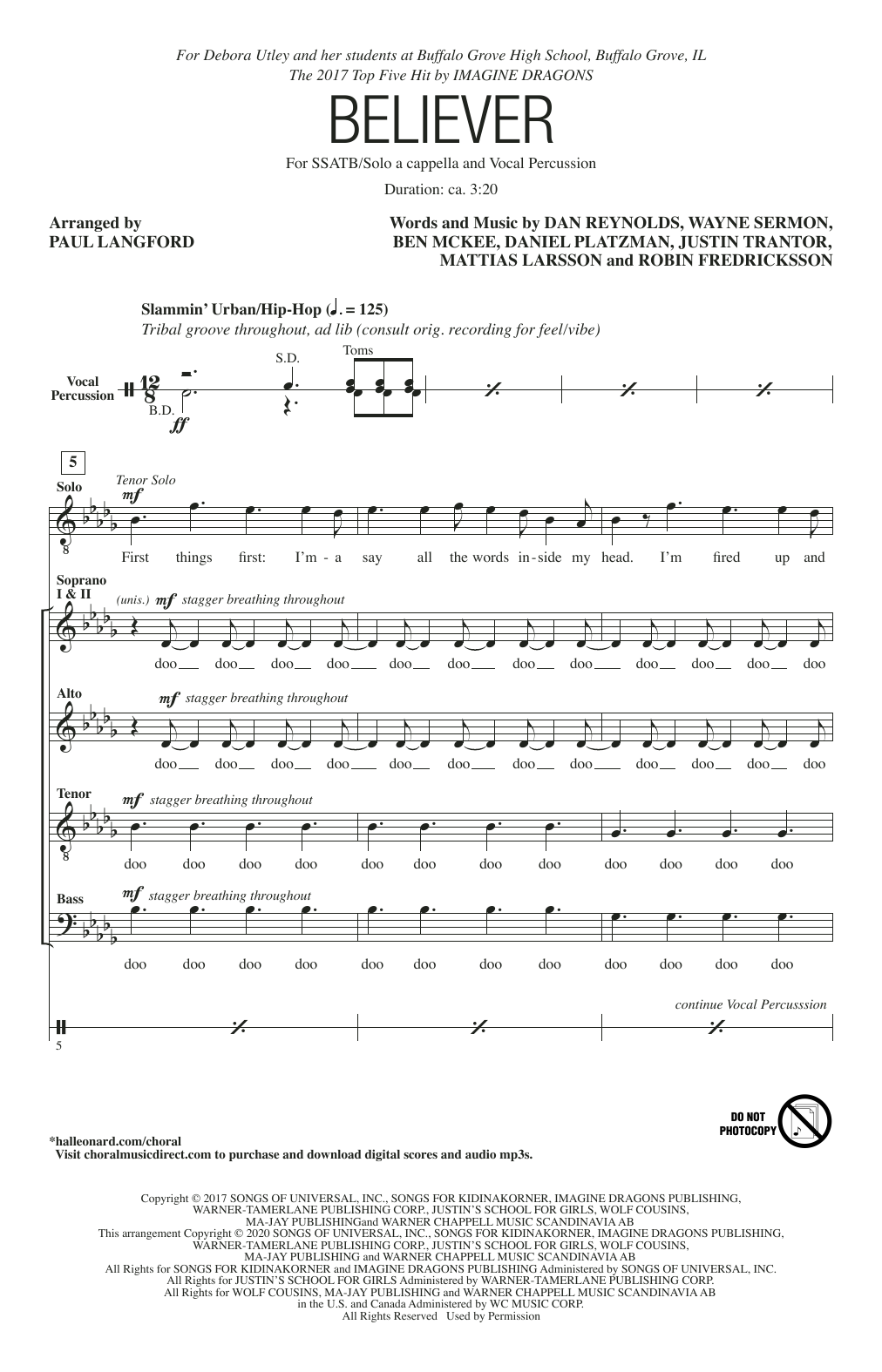 Download Imagine Dragons Believer (arr. Paul Langford) Sheet Music and learn how to play SSATB Choir PDF digital score in minutes