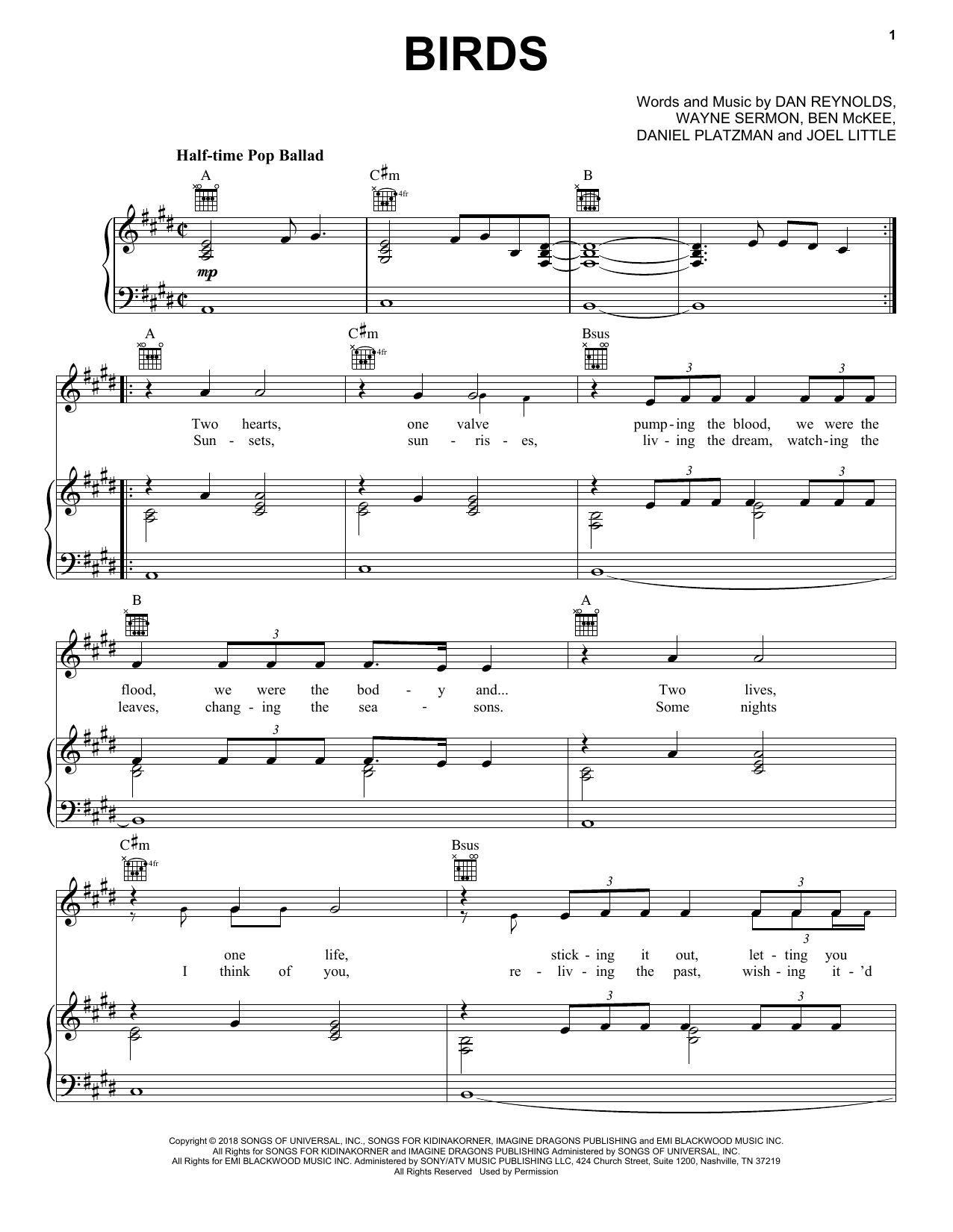 Download Imagine Dragons Birds Sheet Music and learn how to play Piano, Vocal & Guitar Chords (Right-Hand Melody) PDF digital score in minutes