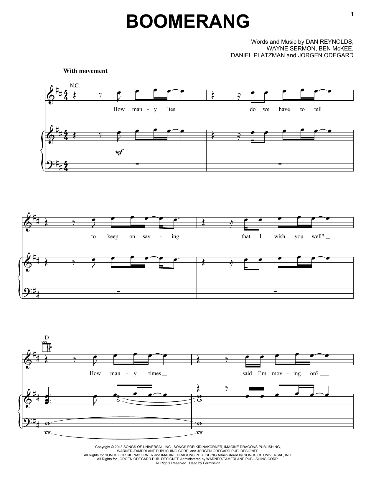 Download Imagine Dragons Boomerang Sheet Music and learn how to play Piano, Vocal & Guitar Chords (Right-Hand Melody) PDF digital score in minutes