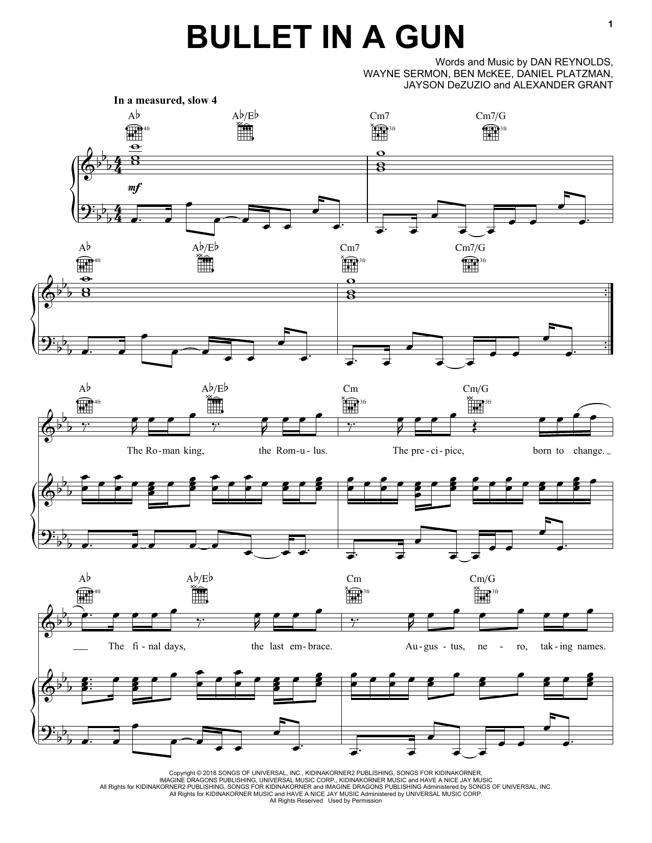 Download Imagine Dragons Bullet In A Gun Sheet Music and learn how to play Piano, Vocal & Guitar Chords (Right-Hand Melody) PDF digital score in minutes