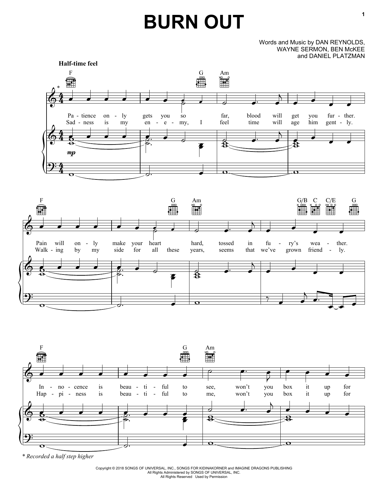 Download Imagine Dragons Burn Out Sheet Music and learn how to play Piano, Vocal & Guitar Chords (Right-Hand Melody) PDF digital score in minutes