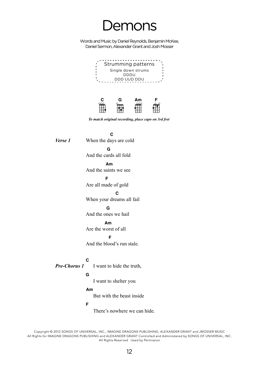 Download Imagine Dragons Demons (arr. Elise Ecklund) Sheet Music and learn how to play Ukulele Chords/Lyrics PDF digital score in minutes