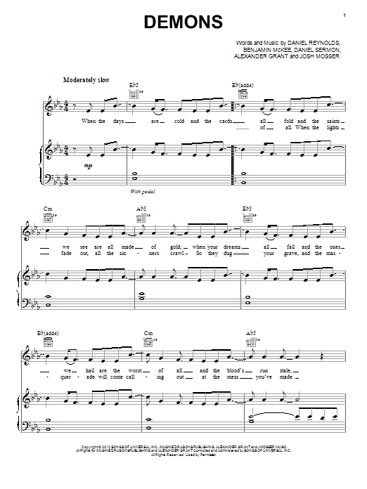 Download Imagine Dragons Demons Sheet Music and learn how to play Piano, Vocal & Guitar (Right-Hand Melody) PDF digital score in minutes
