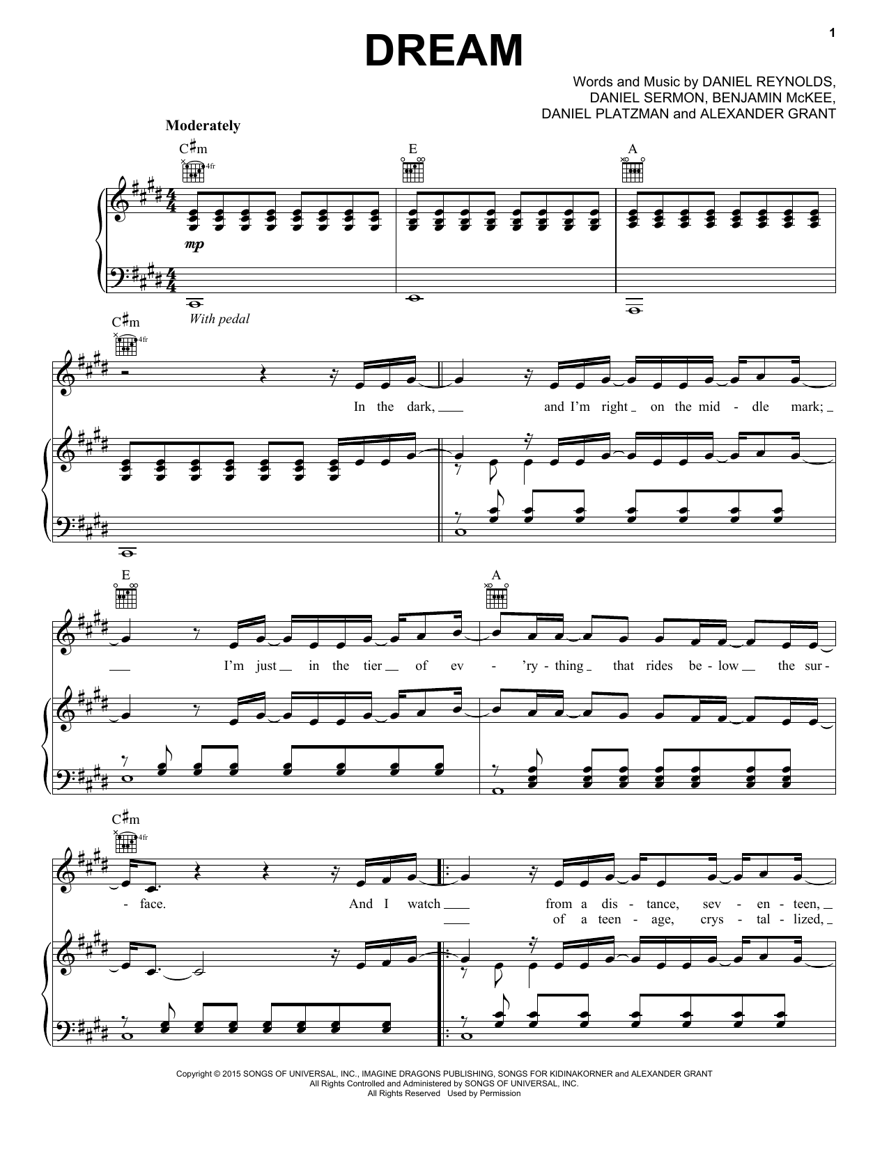 Download Imagine Dragons Dream Sheet Music and learn how to play Piano, Vocal & Guitar (Right-Hand Melody) PDF digital score in minutes