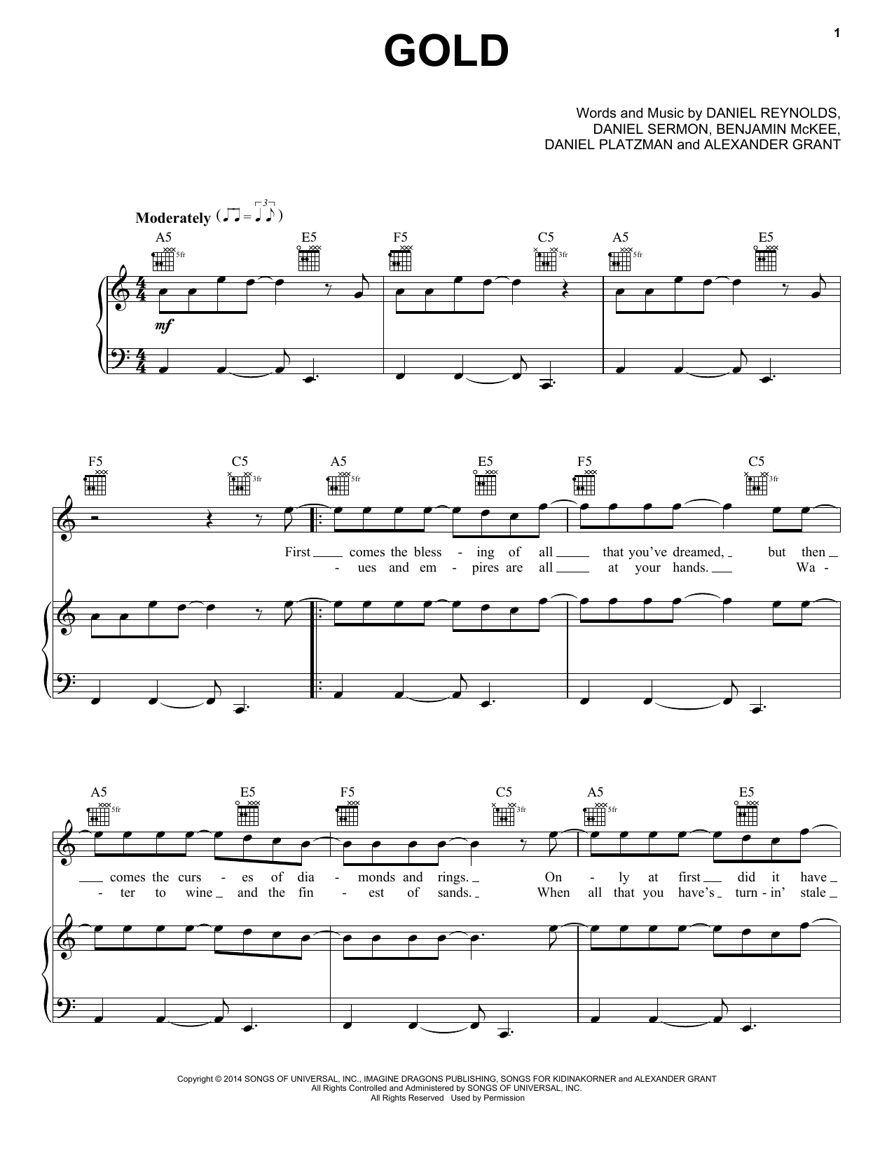Download Imagine Dragons Gold Sheet Music and learn how to play Piano, Vocal & Guitar (Right-Hand Melody) PDF digital score in minutes