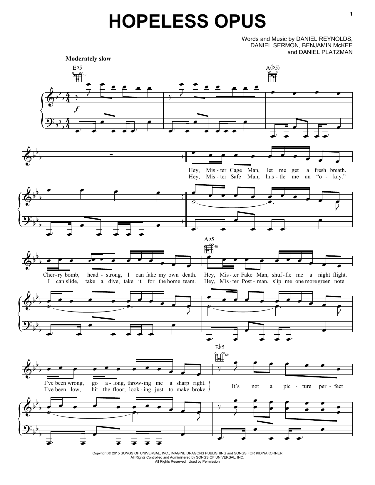 Download Imagine Dragons Hopeless Opus Sheet Music and learn how to play Piano, Vocal & Guitar (Right-Hand Melody) PDF digital score in minutes