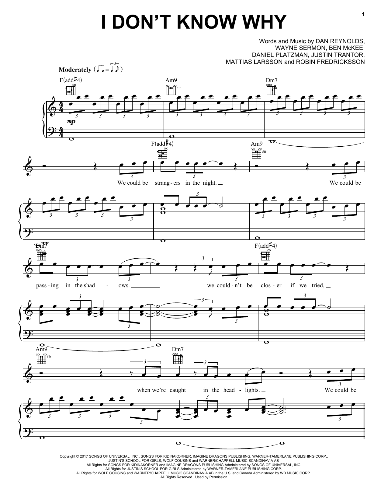 Download Imagine Dragons I Don't Know Why Sheet Music and learn how to play Piano, Vocal & Guitar (Right-Hand Melody) PDF digital score in minutes