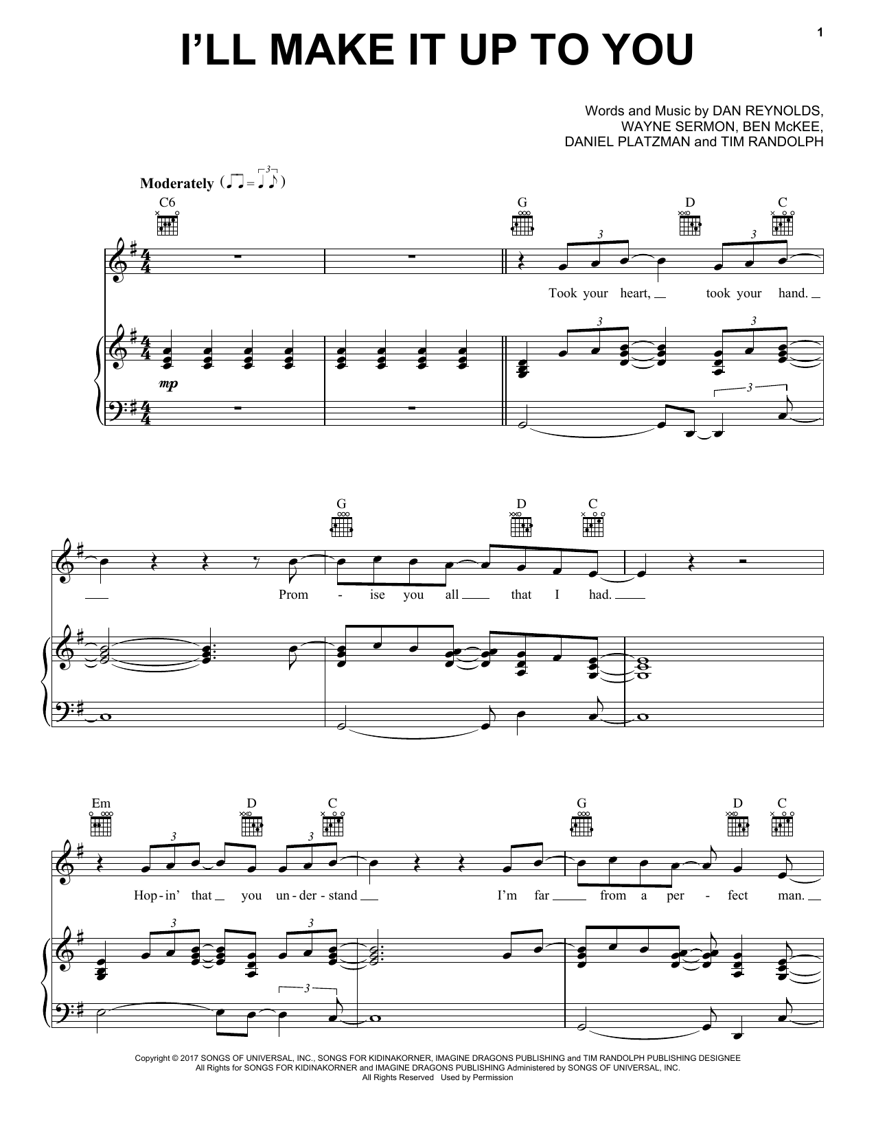 Download Imagine Dragons I'll Make It Up To You Sheet Music and learn how to play Piano, Vocal & Guitar (Right-Hand Melody) PDF digital score in minutes