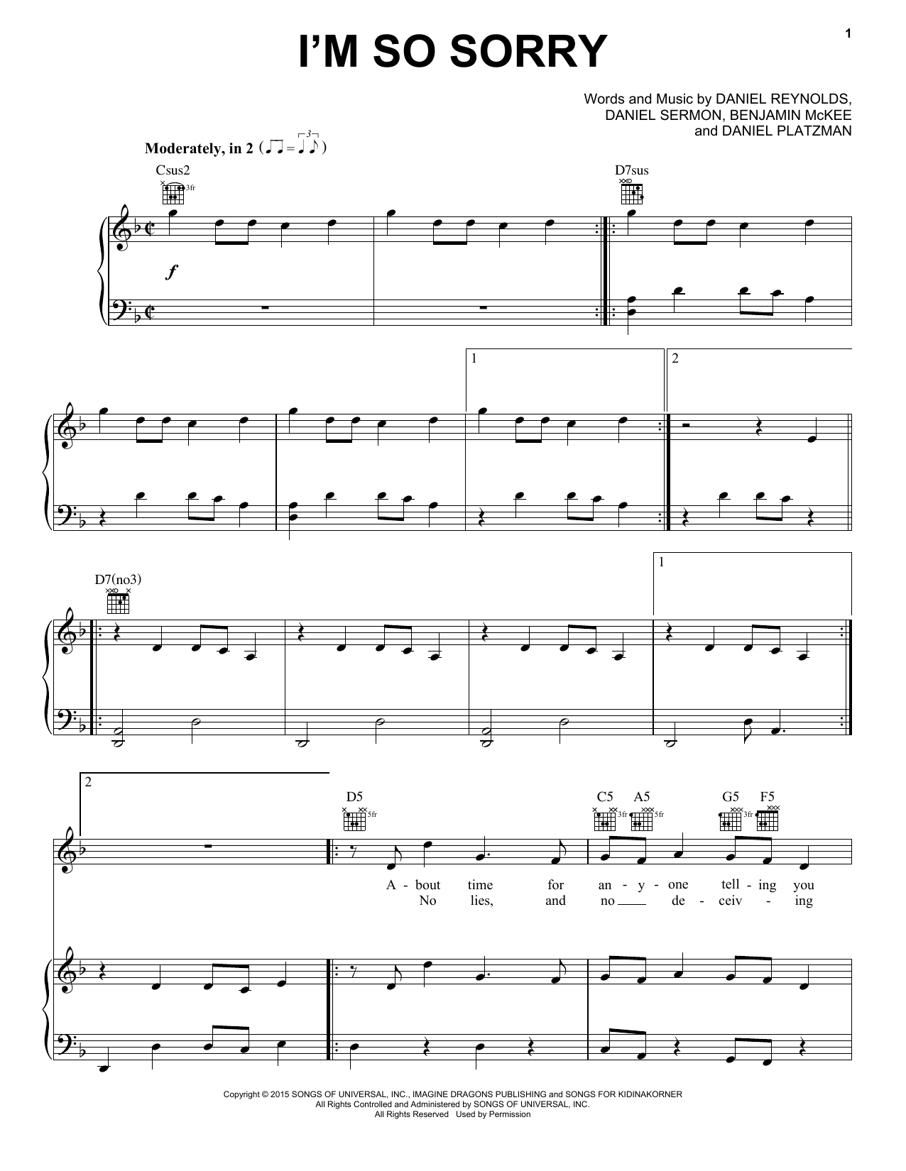 Download Imagine Dragons I'm So Sorry Sheet Music and learn how to play Piano, Vocal & Guitar (Right-Hand Melody) PDF digital score in minutes