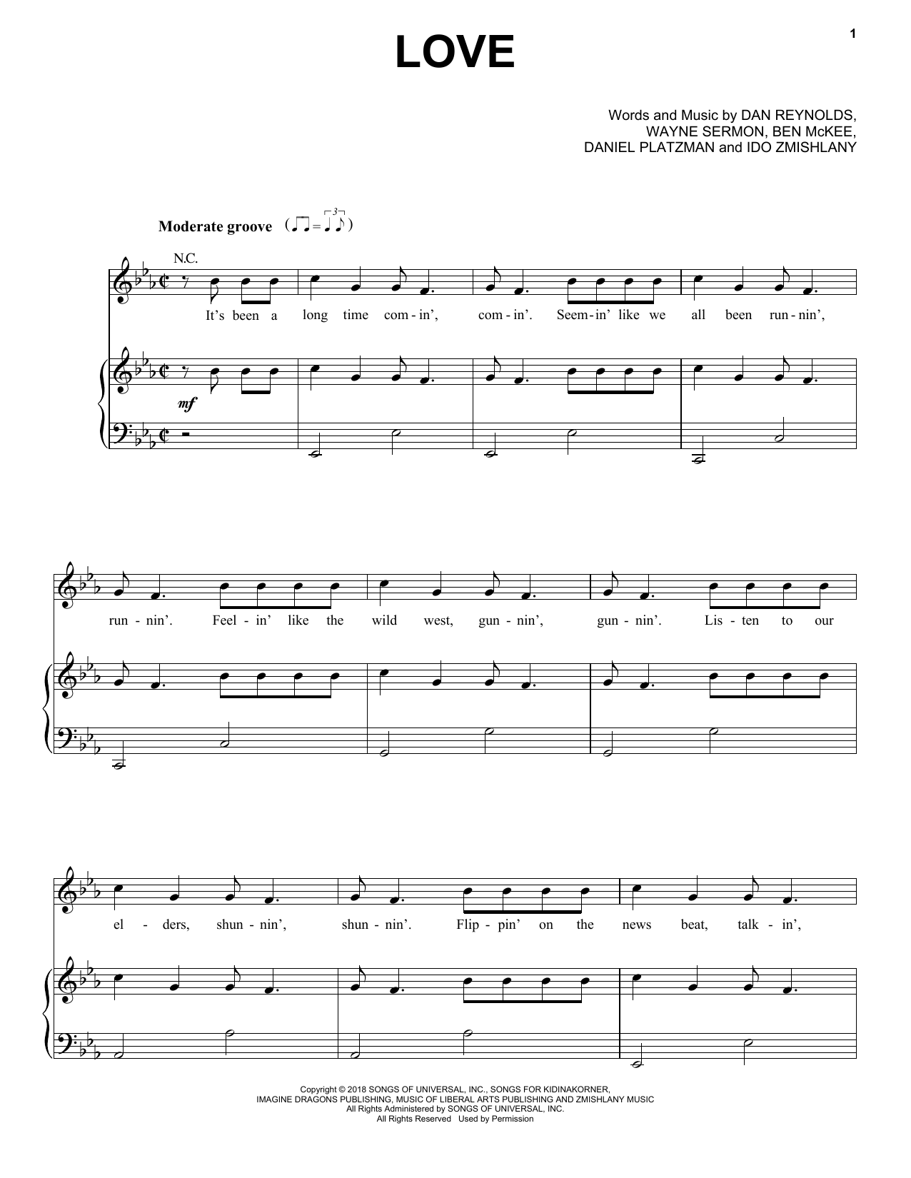 Download Imagine Dragons Love Sheet Music and learn how to play Piano, Vocal & Guitar Chords (Right-Hand Melody) PDF digital score in minutes
