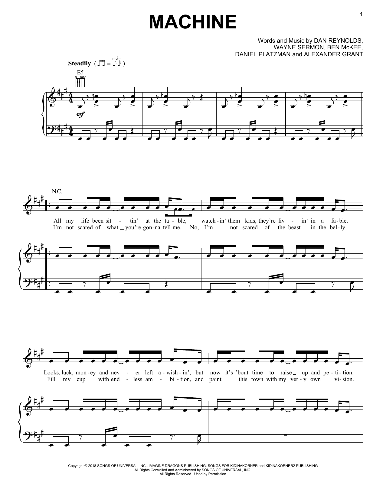 Download Imagine Dragons Machine Sheet Music and learn how to play Piano, Vocal & Guitar Chords (Right-Hand Melody) PDF digital score in minutes