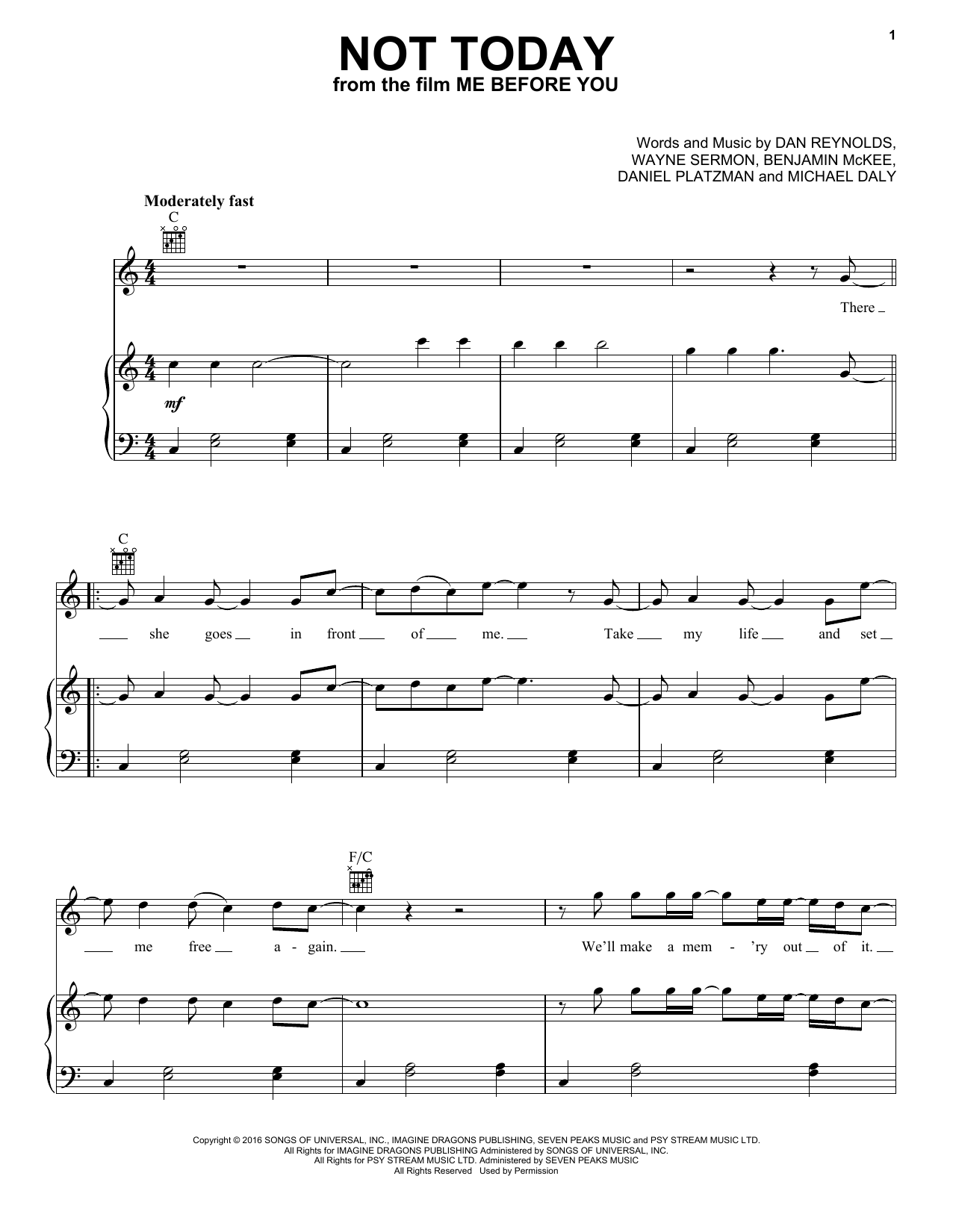 Download Imagine Dragons Not Today (from Me Before You) Sheet Music and learn how to play Piano, Vocal & Guitar Chords (Right-Hand Melody) PDF digital score in minutes