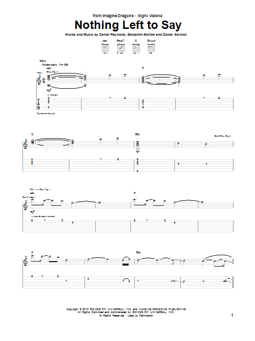 Download Imagine Dragons Nothing Left To Say Sheet Music and learn how to play Guitar Tab PDF digital score in minutes
