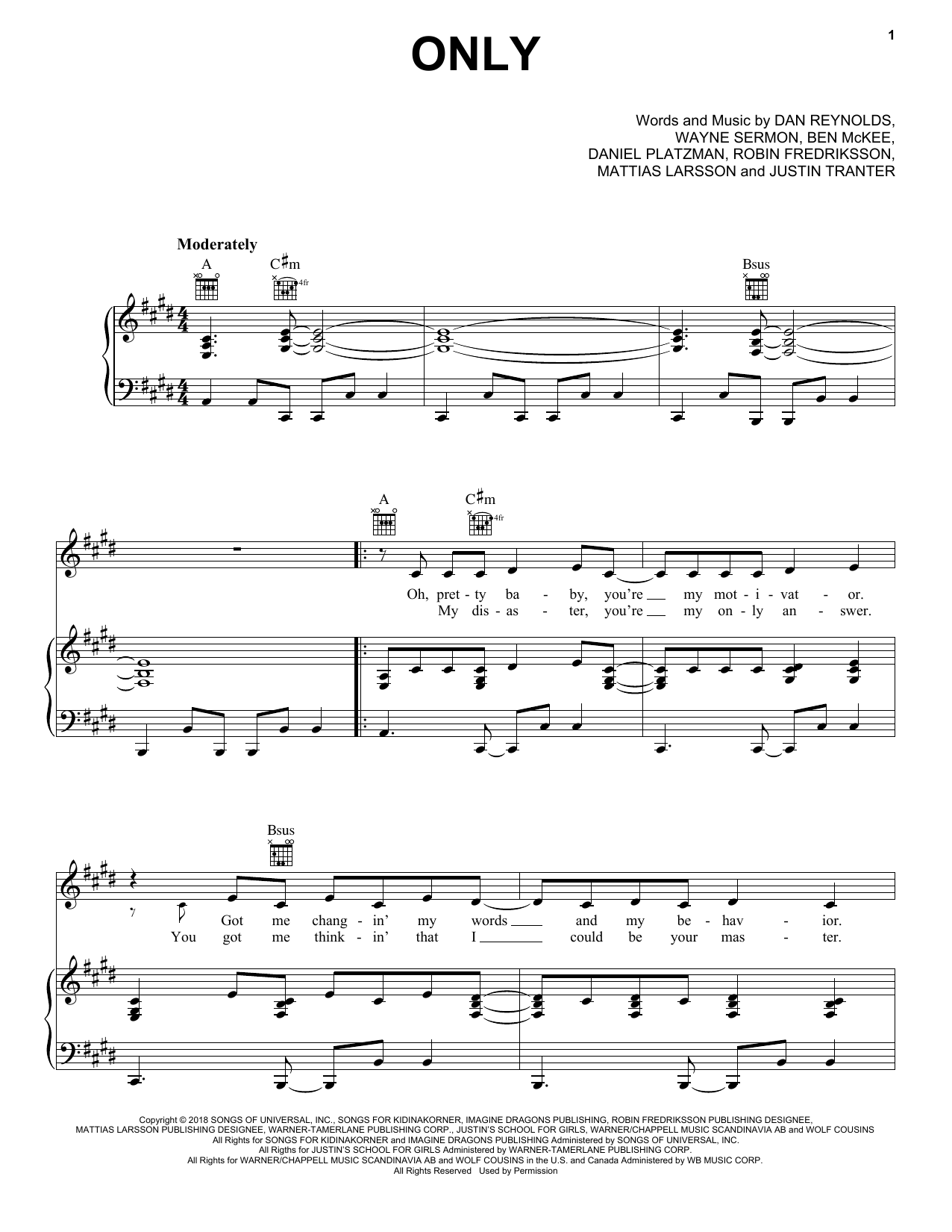 Download Imagine Dragons Only Sheet Music and learn how to play Piano, Vocal & Guitar Chords (Right-Hand Melody) PDF digital score in minutes