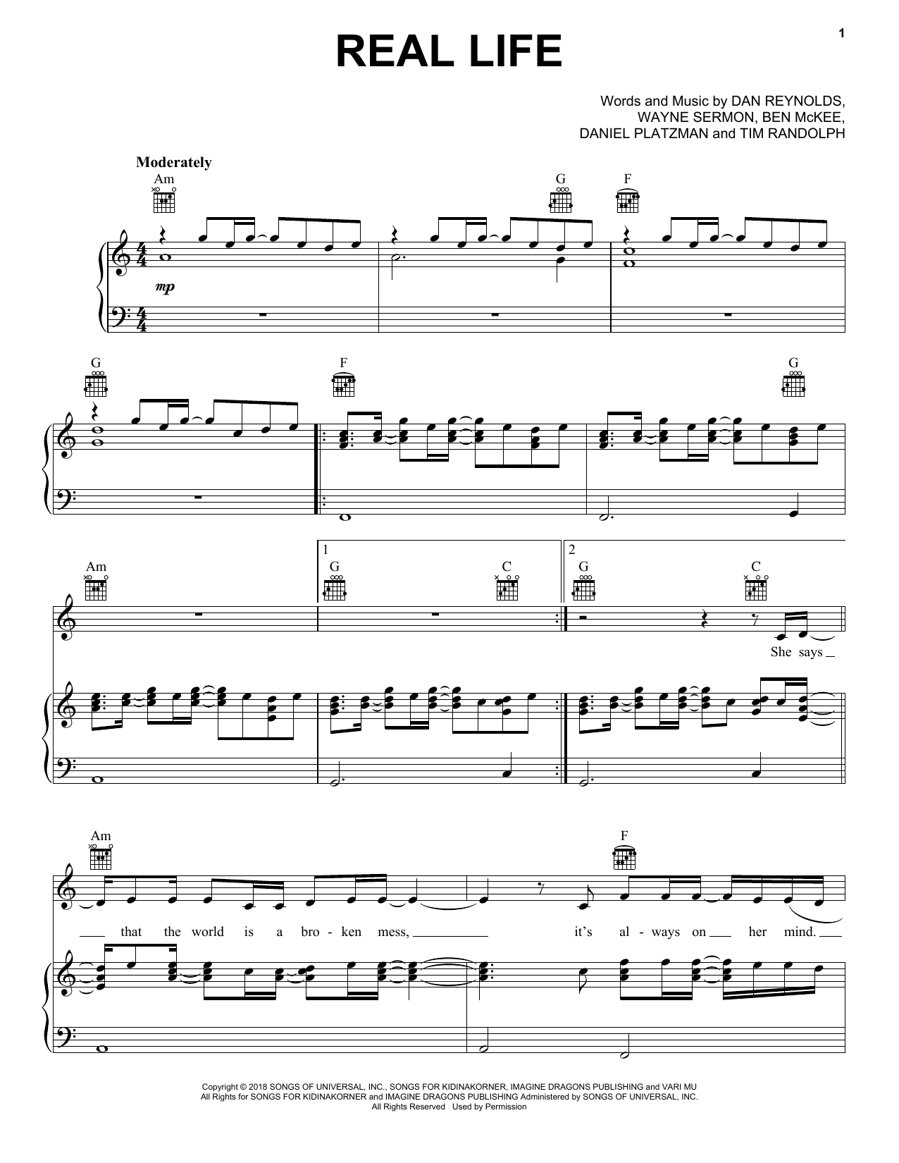Download Imagine Dragons Real Life Sheet Music and learn how to play Piano, Vocal & Guitar Chords (Right-Hand Melody) PDF digital score in minutes