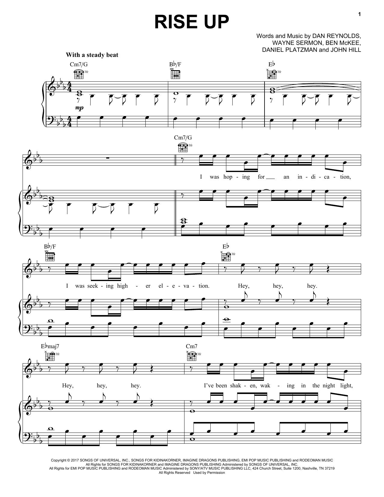 Download Imagine Dragons Rise Up Sheet Music and learn how to play Piano, Vocal & Guitar (Right-Hand Melody) PDF digital score in minutes