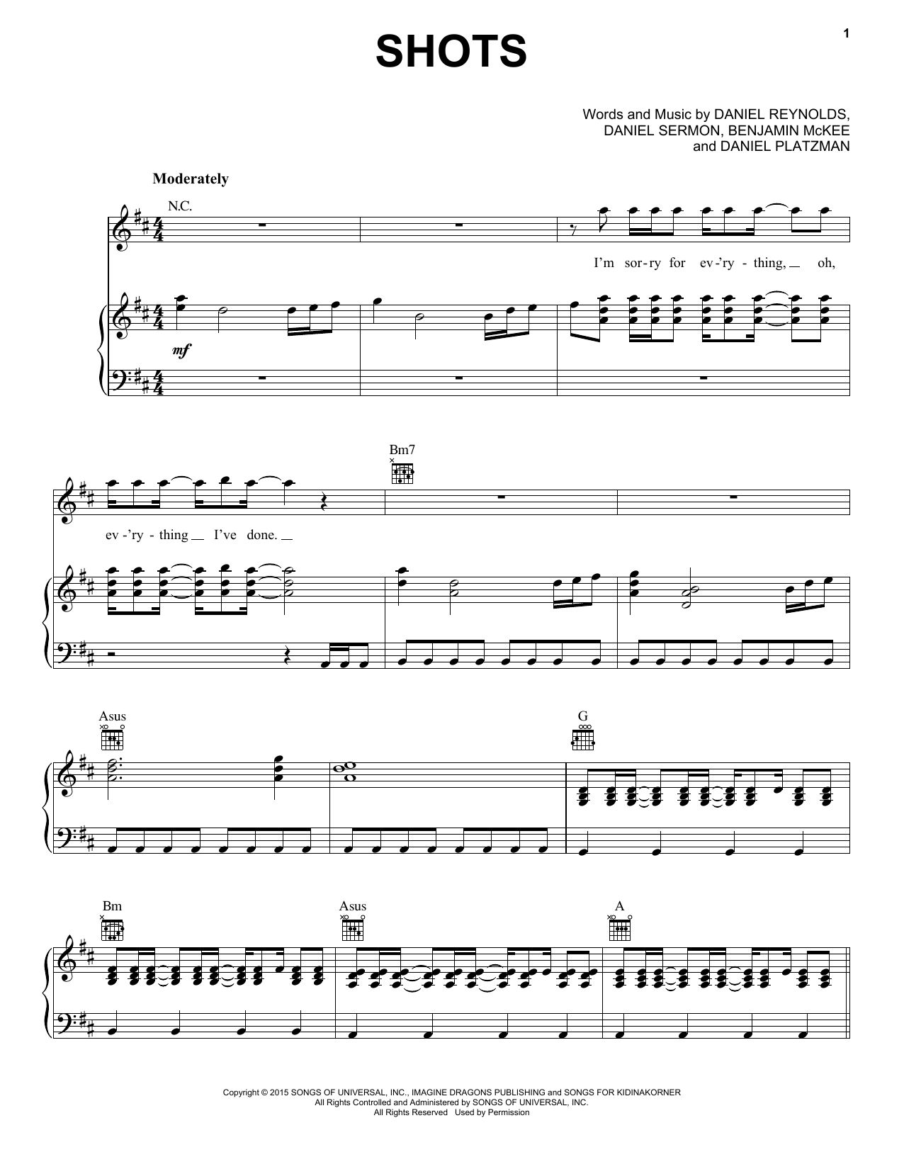 Download Imagine Dragons Shots Sheet Music and learn how to play Piano, Vocal & Guitar (Right-Hand Melody) PDF digital score in minutes